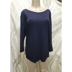 Anne Klein Navy Blue Slinky Rayon Boat Neck 3/4th Sleeve Made In France Blouse